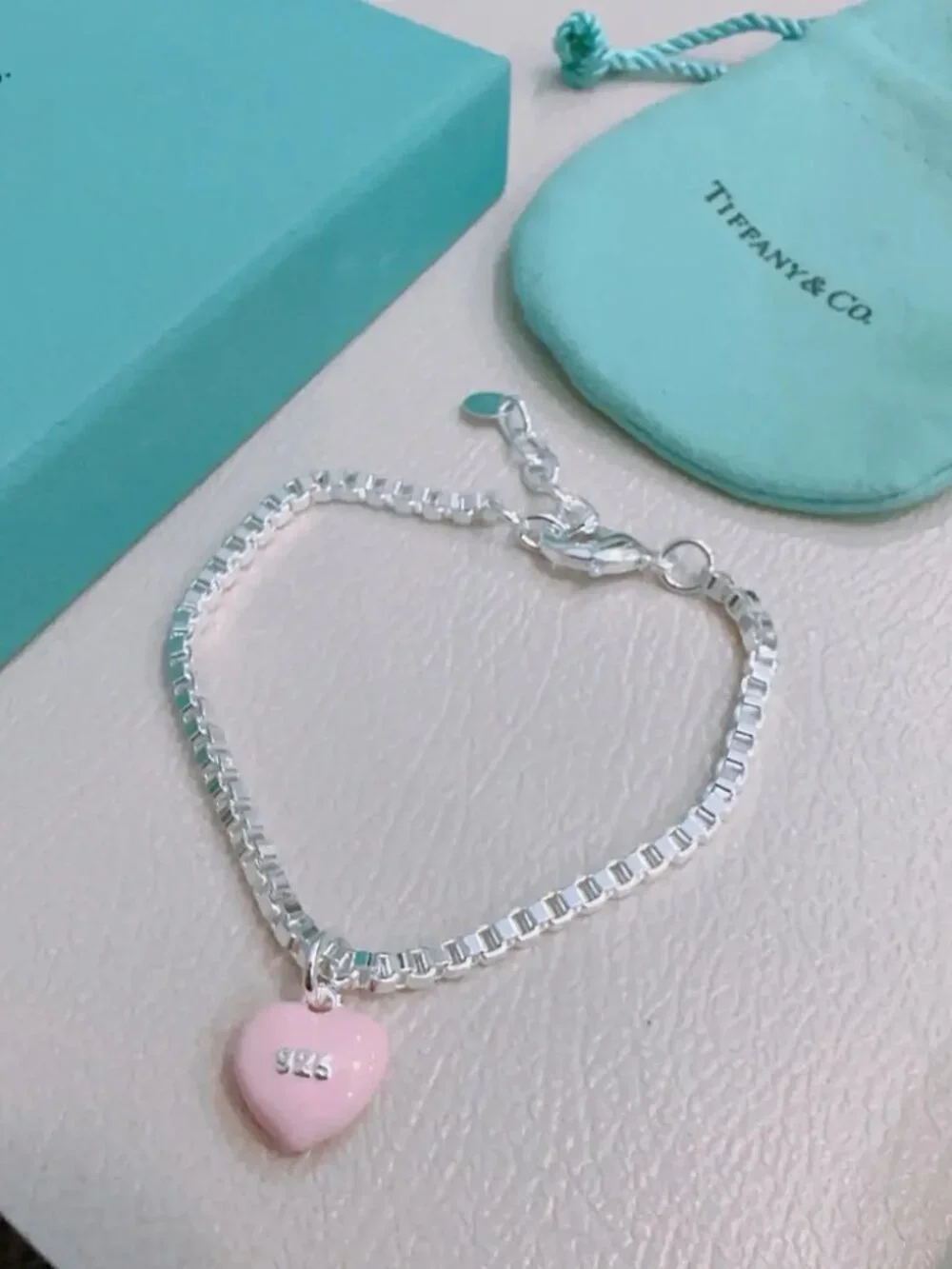 Tiffany & Co. Fine Pink Heart Silver Bracelet